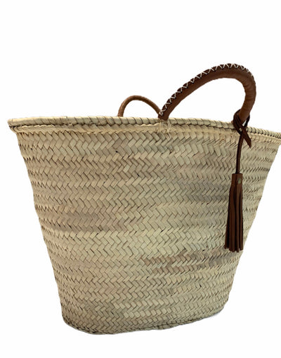 Straw 'Mykonos' Basket - Tan handles, fair-trade - Pink Waters 