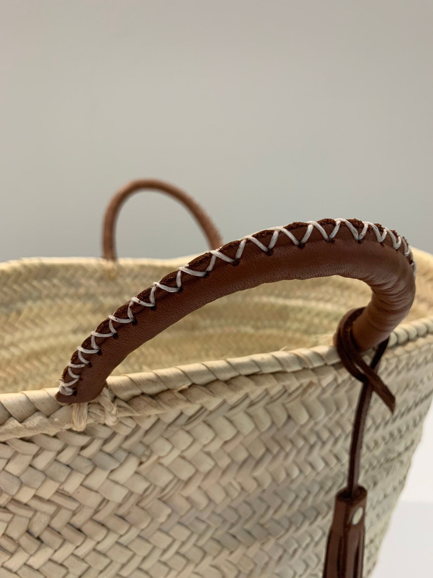 Straw 'Mykonos' Basket - Tan handles, fair-trade - Pink Waters 
