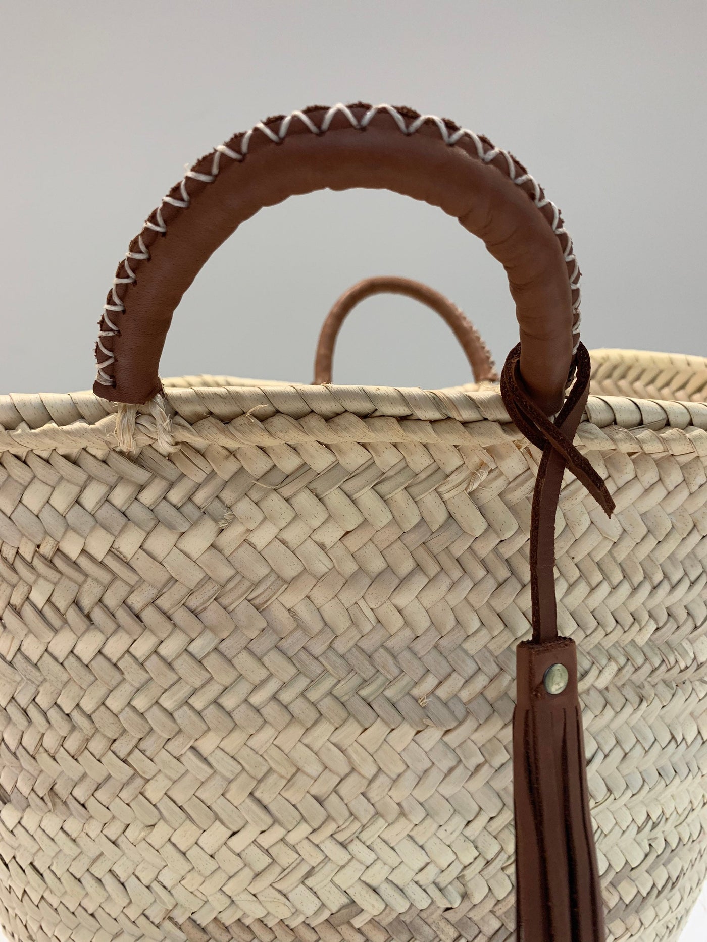 Straw 'Mykonos' Basket - Tan handles, fair-trade - Pink Waters 