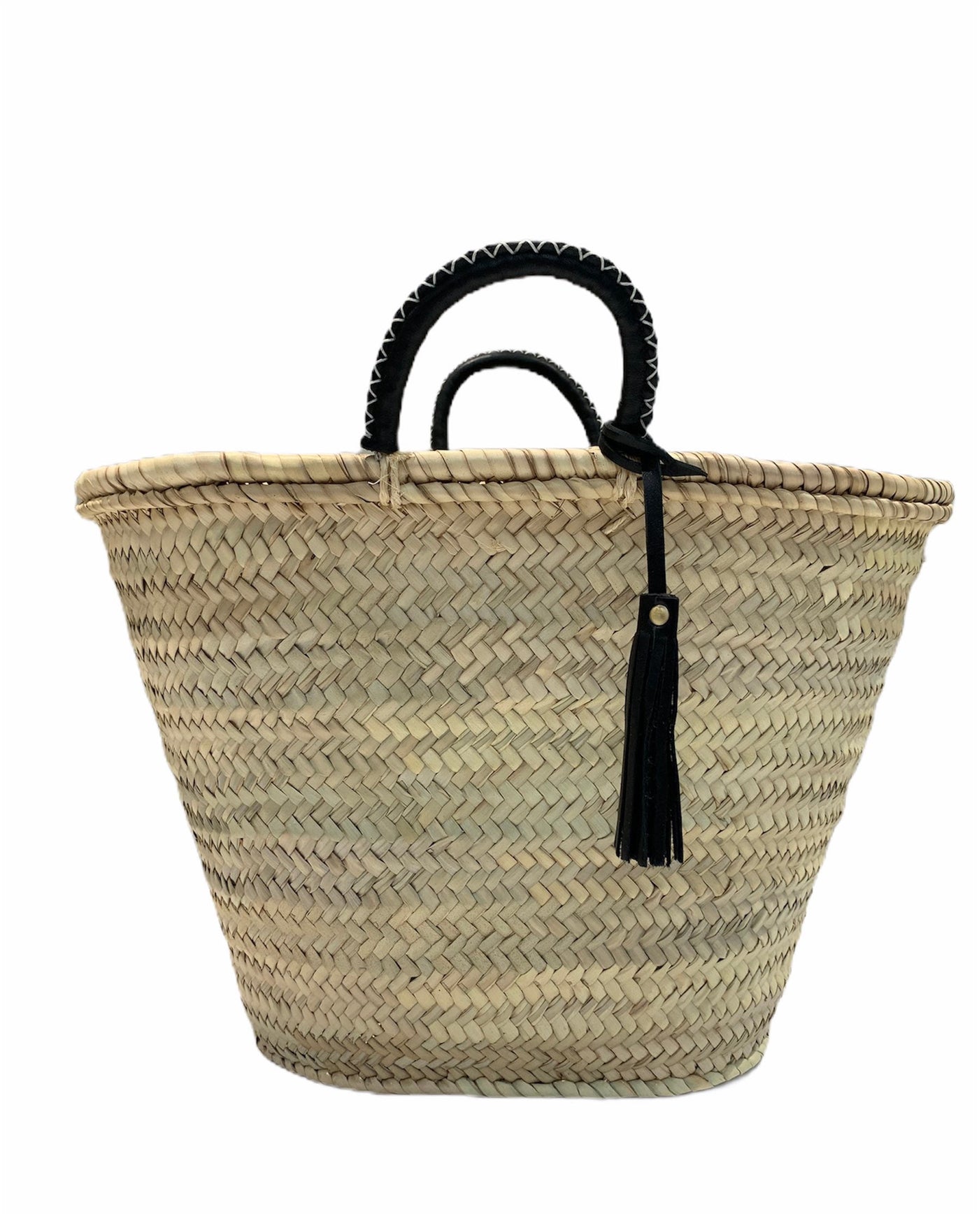 Straw 'Mykonos' Basket - Black Handles - Fairtrade - Pink Waters 
