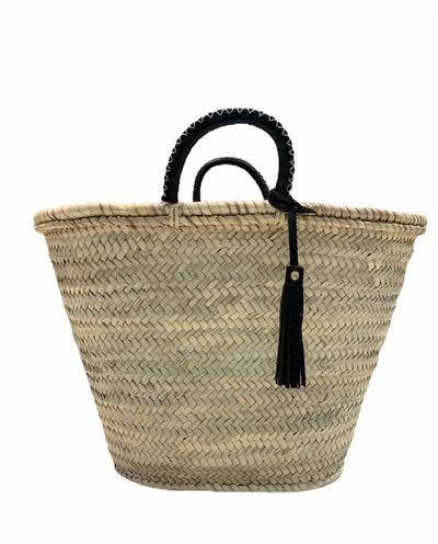 Straw 'Mykonos' Basket - Black Handles - Fairtrade - Pink Waters 