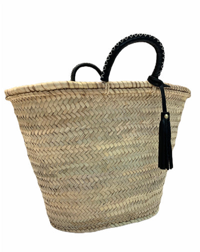 Straw 'Mykonos' Basket - Black Handles - Fairtrade - Pink Waters 