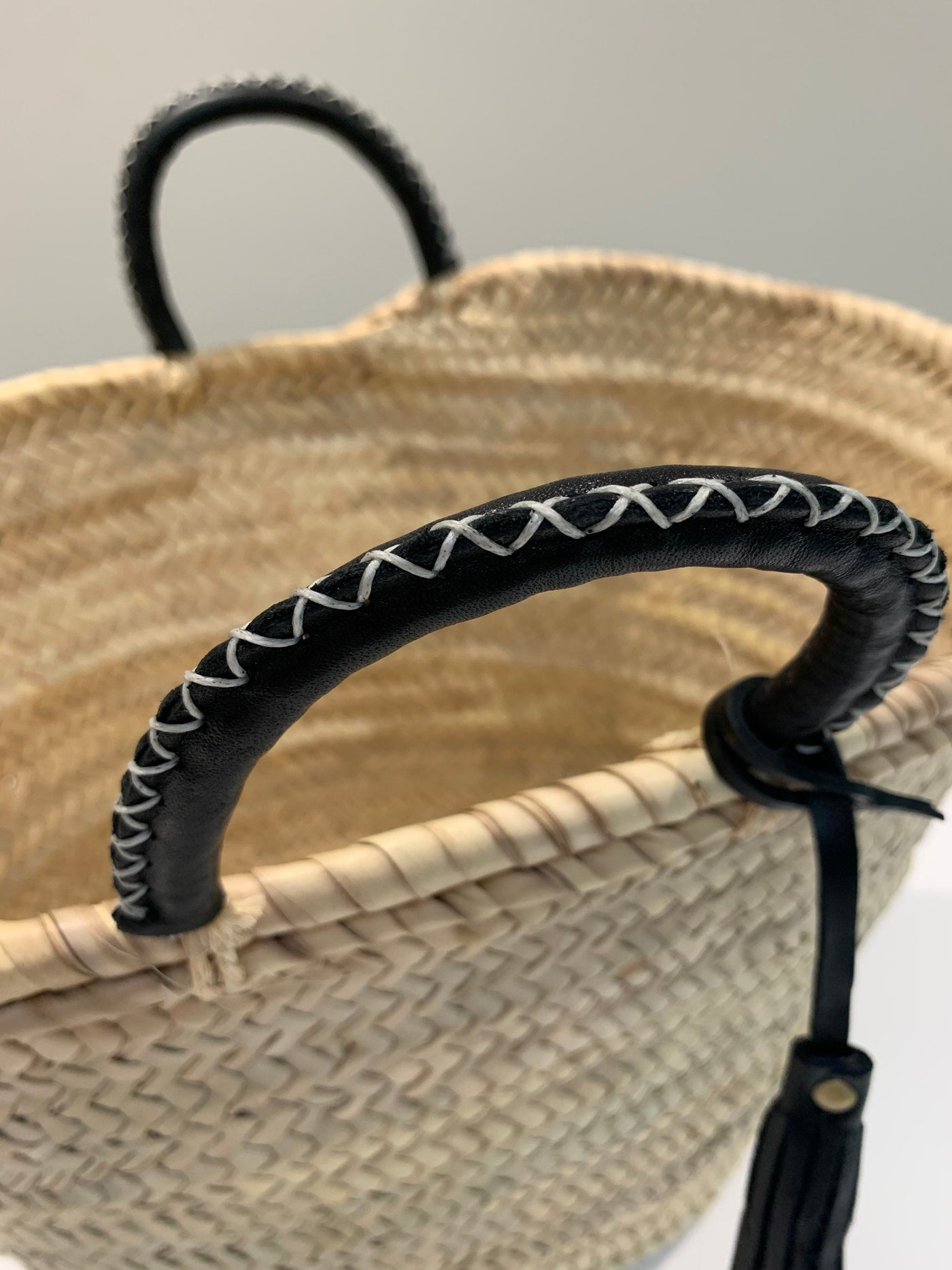 Straw 'Mykonos' Basket - Black Handles - Fairtrade - Pink Waters 