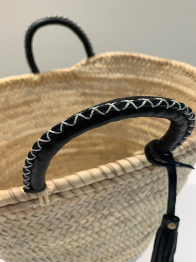 Straw 'Mykonos' Basket - Black Handles - Fairtrade - Pink Waters 