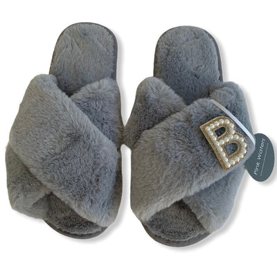Fluffy Personalised Mule Slippers - Burgundy - Pink Waters 