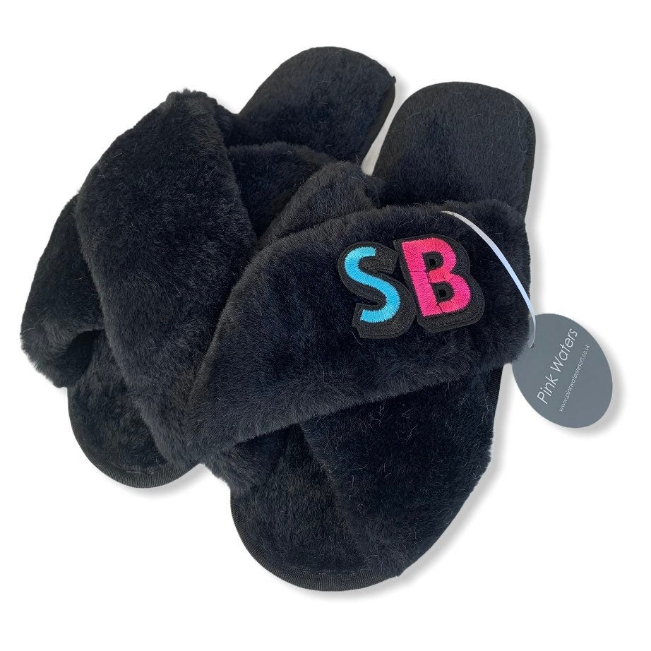 Faux Fur Personalised Mule Slippers - Retro - Black - Pink Waters 