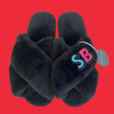 Faux Fur Personalised Mule Slippers - Retro - Black - Pink Waters 