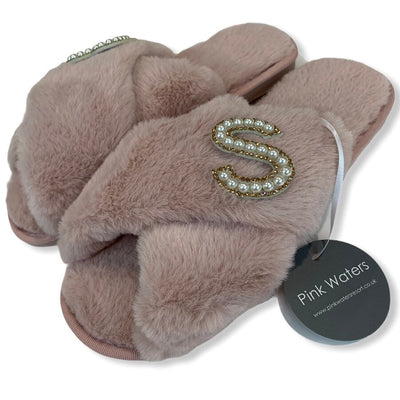 Fluffy Personalised Mule Slippers - Burgundy - Pink Waters 