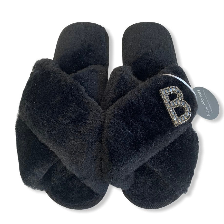 Fluffy Personalised Mule Slippers - Black - Pink Waters 