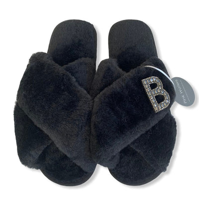 Fluffy Personalised Mule Slippers - Black - Pink Waters 