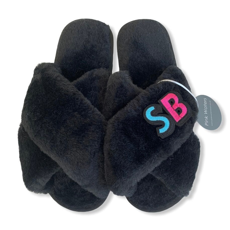 Faux Fur Personalised Mule Slippers - Retro - Black - Pink Waters 