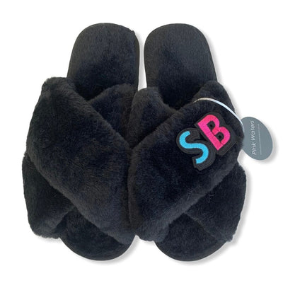 Faux Fur Personalised Mule Slippers - Retro - Black - Pink Waters 