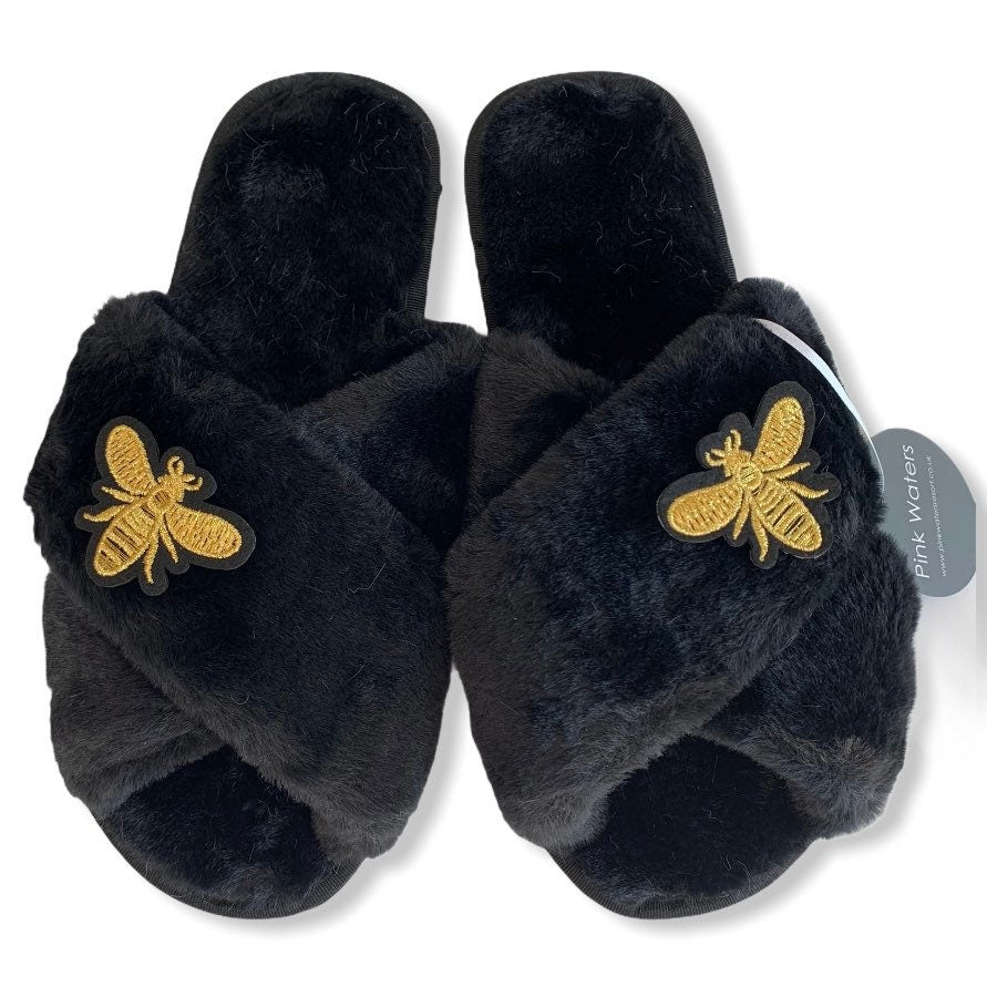 Faux Fur Bee Mule Slippers - Black - Pink Waters 