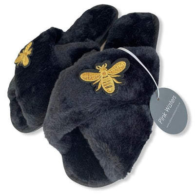 Faux Fur Bee Mule Slippers - Black - Pink Waters 