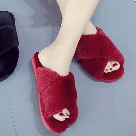 Fluffy Mule Slippers - Rainbow/Tie Dye Effect Faux Fur - Pink Waters 