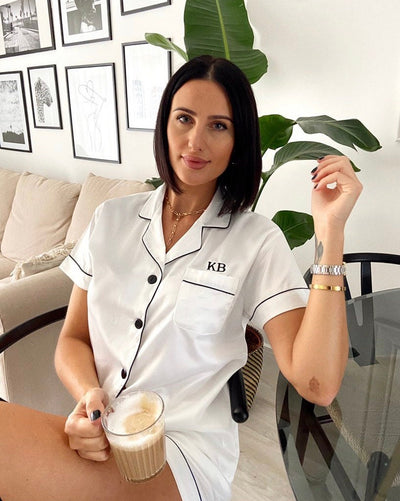 Satin Pyjamas Set 'Portia' White - Pink Waters 
