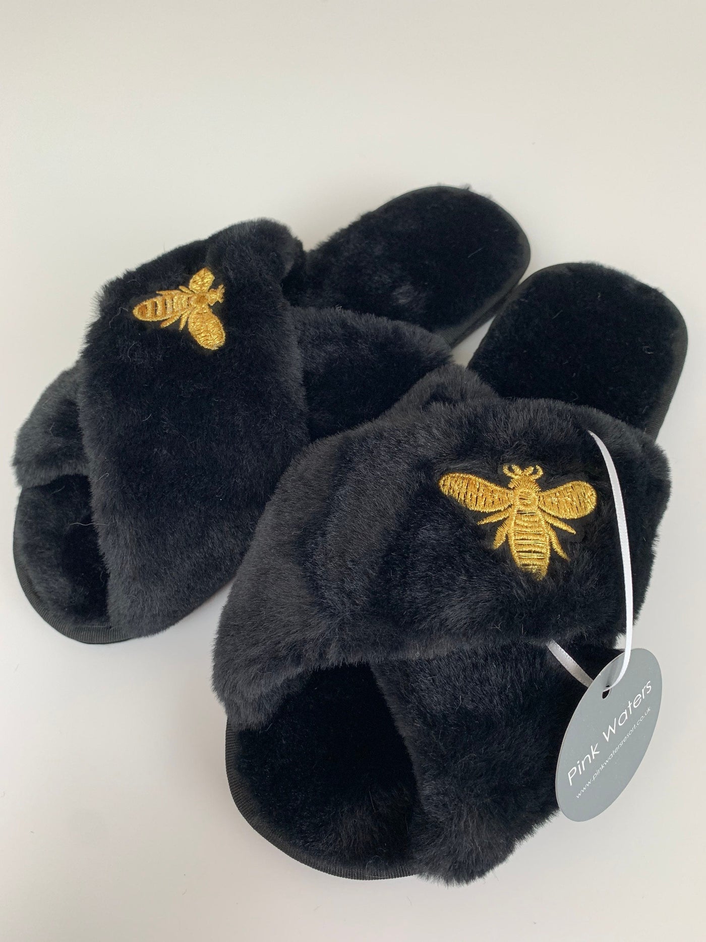 Faux Fur Bee Mule Slippers - Black - Pink Waters 