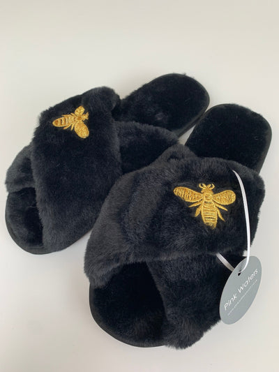 Faux Fur Bee Mule Slippers - Black - Pink Waters 