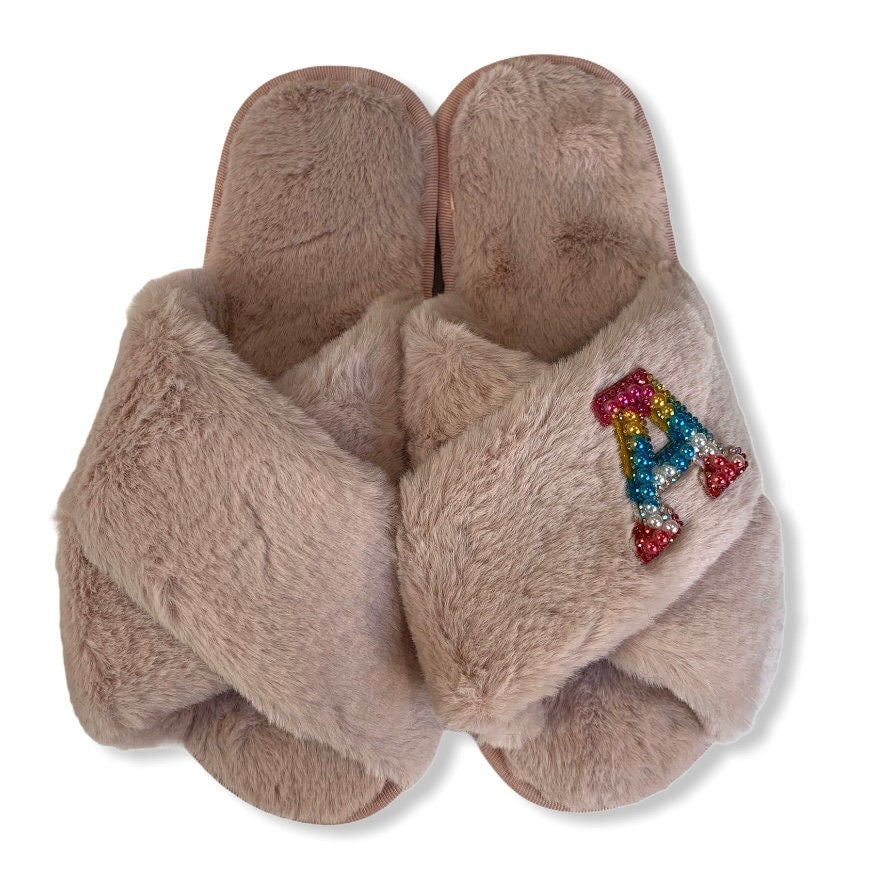 Fluffy Personalised Mule Slippers - Black - Pink Waters 