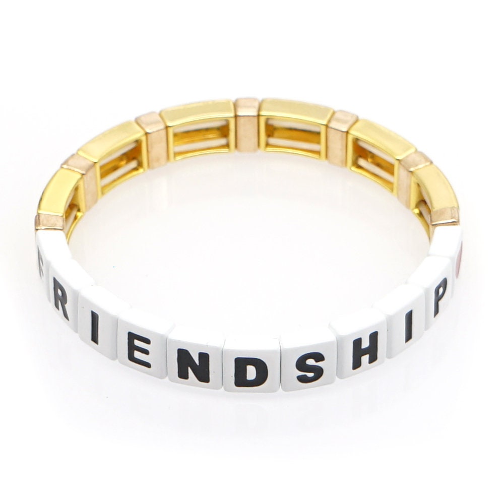 Enamel "FRIENDSHIP" TILE Bracelet White/Gold - Pink Waters 