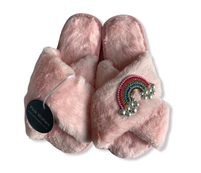 Faux Fur Rainbow Slippers - Candy - Pink Waters 