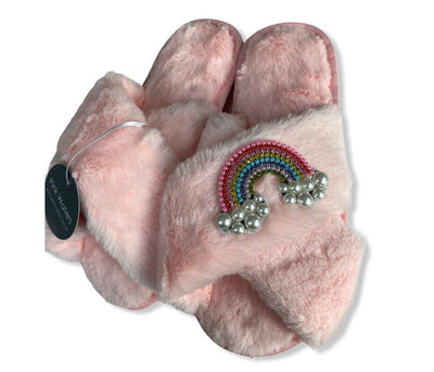 Faux Fur Rainbow Slippers - Candy - Pink Waters 