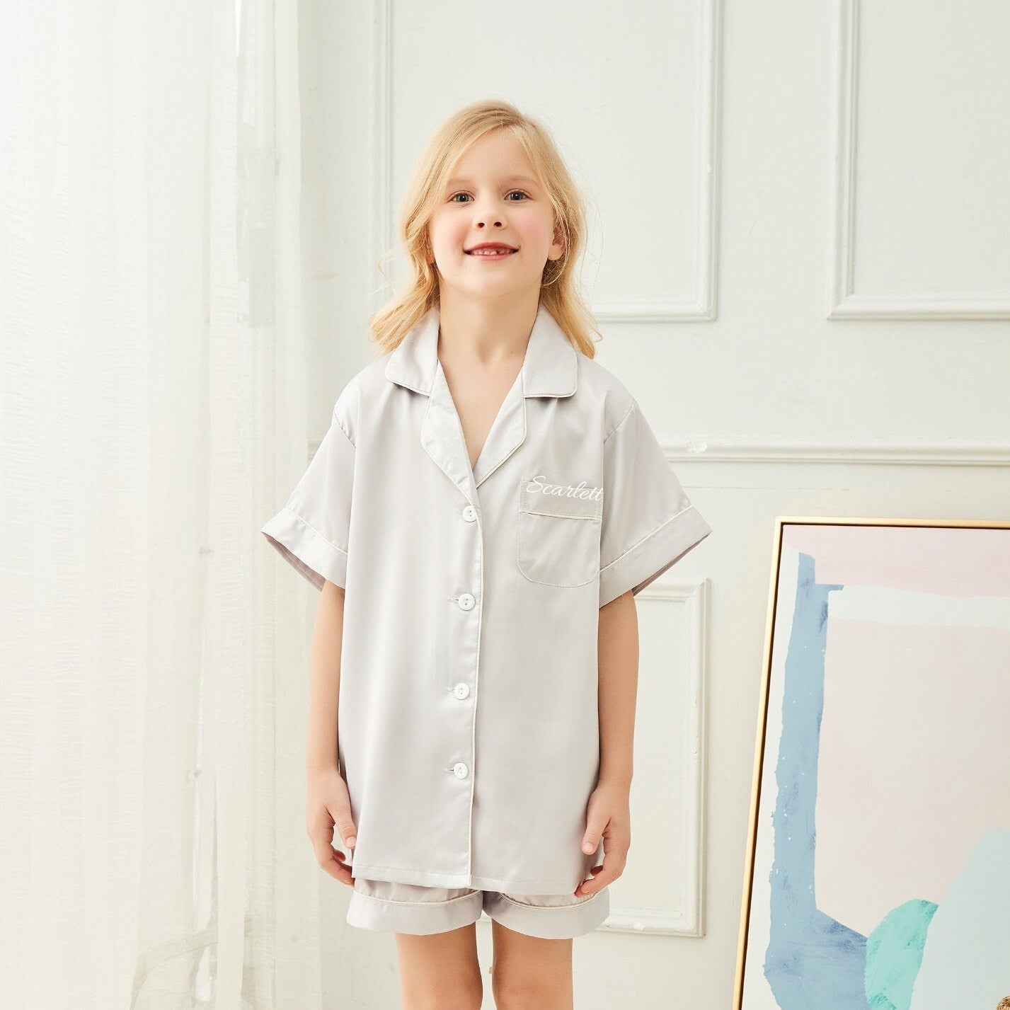 Personalised Children's Christmas Pyjama Set 'Portia' Silver Grey-Pink Waters 