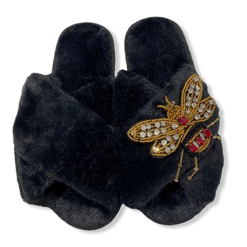Beaded Bee Faux Fur Christmas Slippers - Various Colours - Pink Waters 