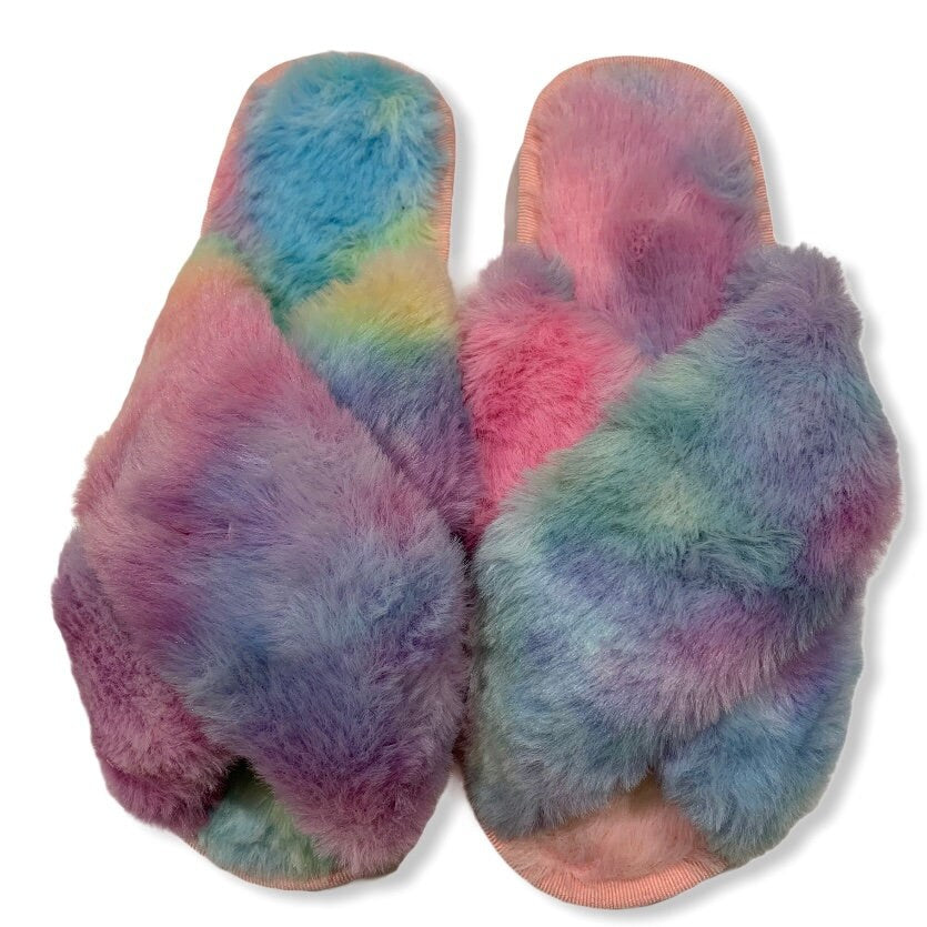 Fluffy Mule Slippers - Rainbow/Tie Dye Effect Faux Fur-Pink Waters 