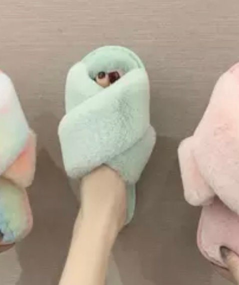 Fluffy Mule Slippers - Rainbow/Tie Dye Effect Faux Fur - Pink Waters 