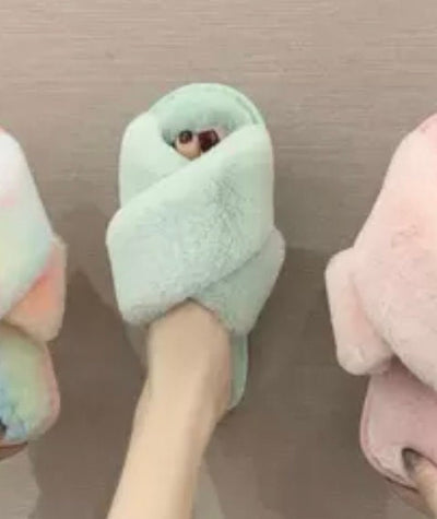 Fluffy Mule Slippers - Rainbow/Tie Dye Effect Faux Fur - Pink Waters 