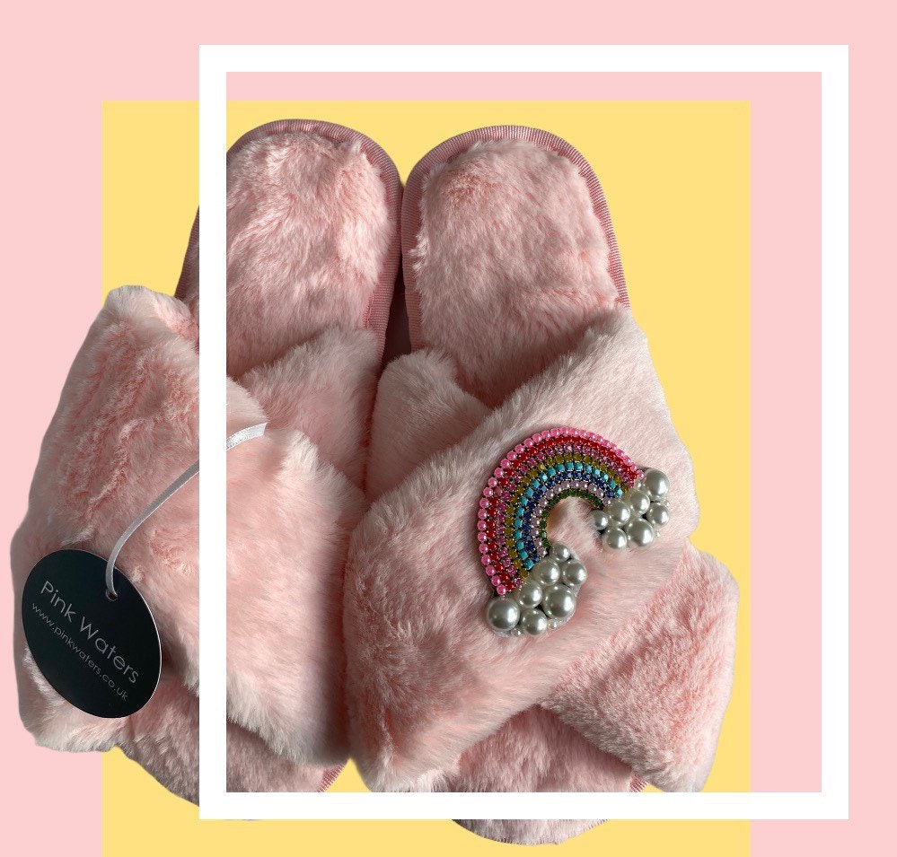 Faux Fur Rainbow Slippers - Candy - Pink Waters 