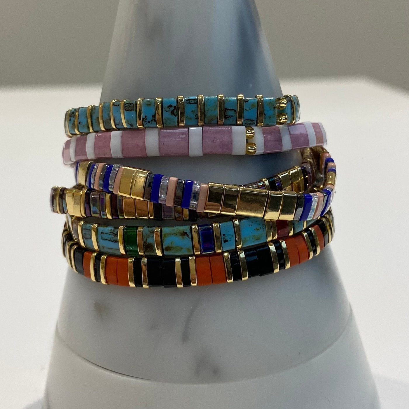 Tile Beaded Japanese Stone Bracelet - Pink Waters 