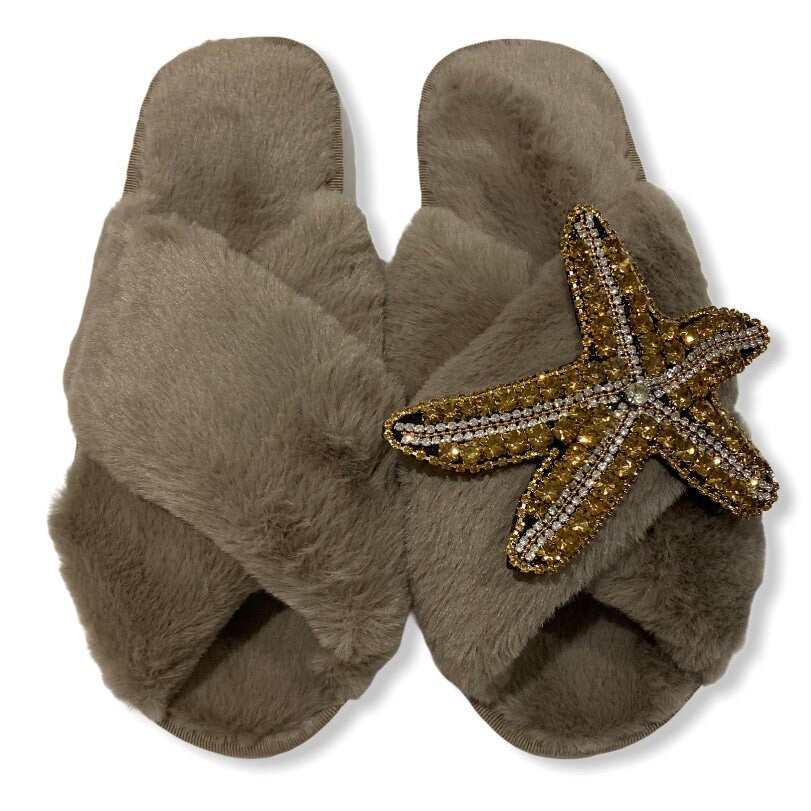 Starfish Faux Fur Slippers - Pink Waters 