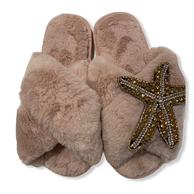 Starfish Faux Fur Slippers - Pink Waters 