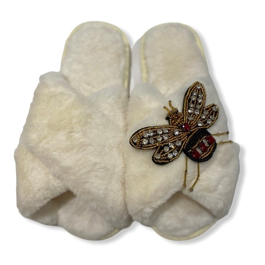 Beaded Bee Faux Fur Christmas Slippers - Various Colours - Pink Waters 