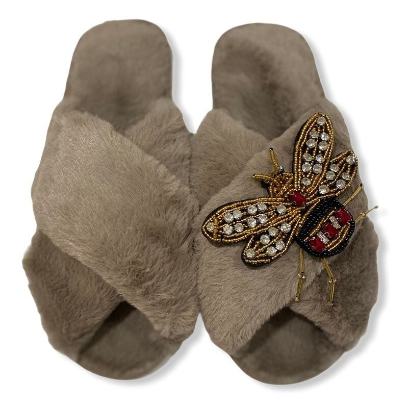 Beaded Bee Faux Fur Christmas Slippers - Various Colours - Pink Waters 