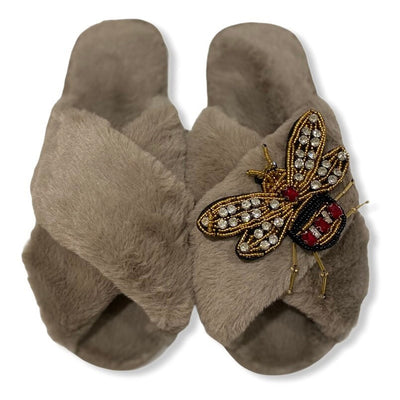 Beaded Bee Faux Fur Christmas Slippers - Various Colours - Pink Waters 
