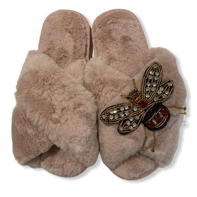 Beaded Bee Faux Fur Christmas Slippers - Various Colours - Pink Waters 