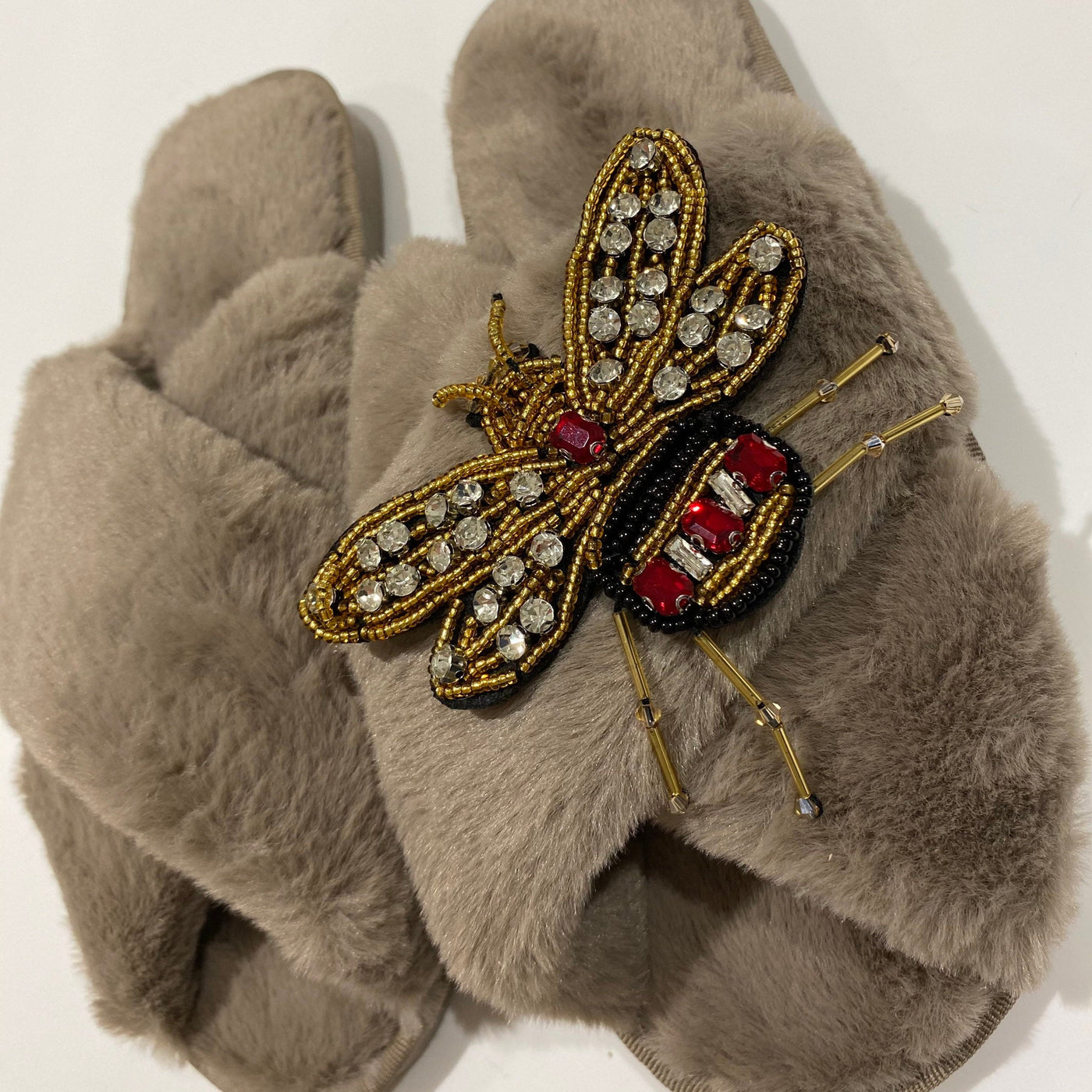 Beaded Bee Faux Fur Christmas Slippers - Various Colours - Pink Waters 