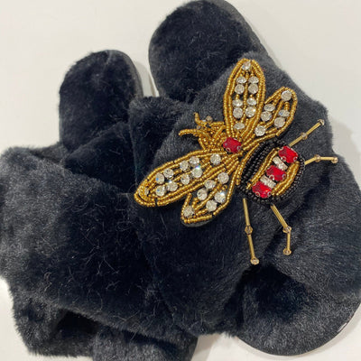 Beaded Bee Faux Fur Christmas Slippers - Various Colours - Pink Waters 