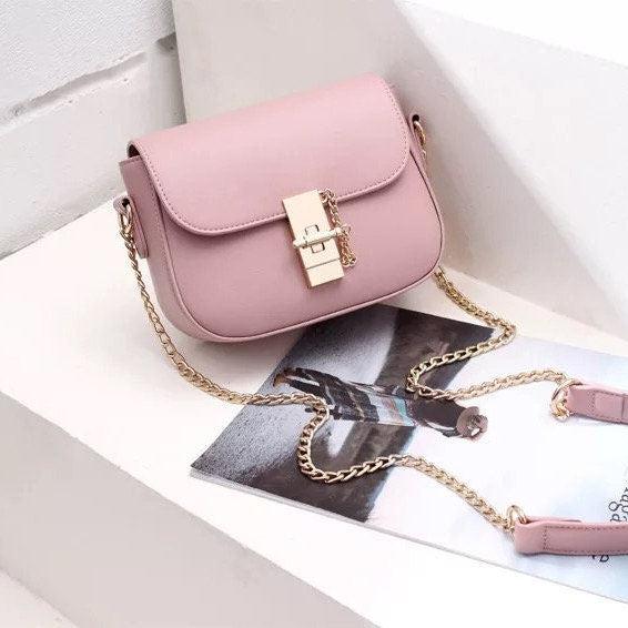 Pastel Pink Flap Bag with Gold Chain Handle - Pink Waters 