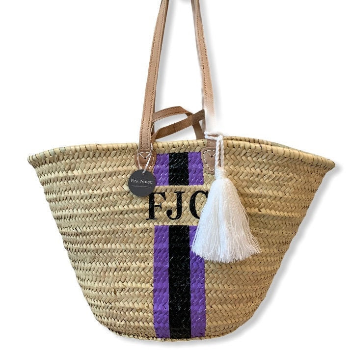 ST TROPEZ Monogrammed Double Handle Straw Basket-Pink Waters 