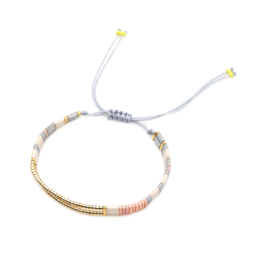 Tile Beaded Japanese Stone Bracelet with Adjustable Rope Fastening - 3 COLOURS - Pink Waters 