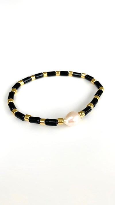 Freshwater Pearl Beaded Boho Bracelet - Black - Pink Waters 