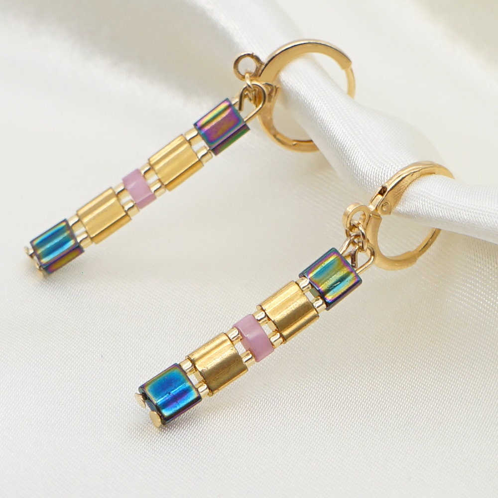 Tile Beaded Japanese Stone Bracelet Earrings - Pink Waters 