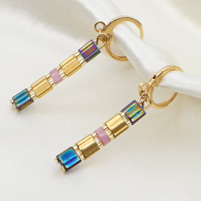 Tile Beaded Japanese Stone Bracelet Earrings - Pink Waters 