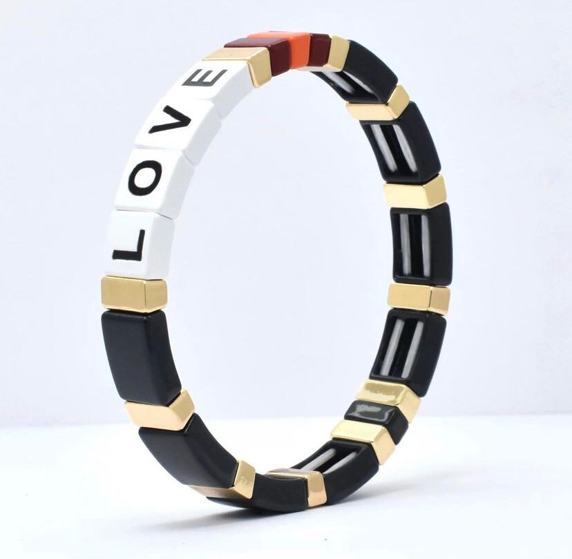 Enamel "LOVE" TILE Bracelet - Black - Pink Waters 