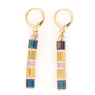 Tile Beaded Japanese Stone Bracelet Earrings - Pink Waters 