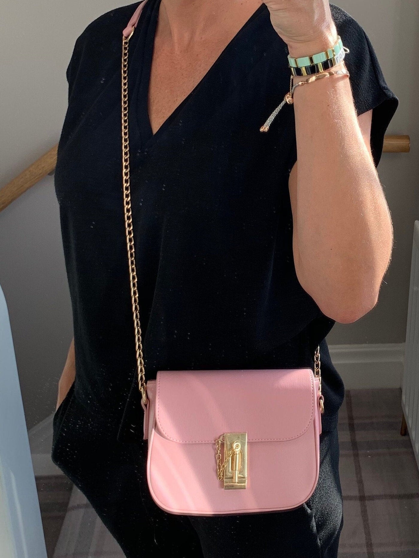 Pastel Pink Flap Bag with Gold Chain Handle - Pink Waters 